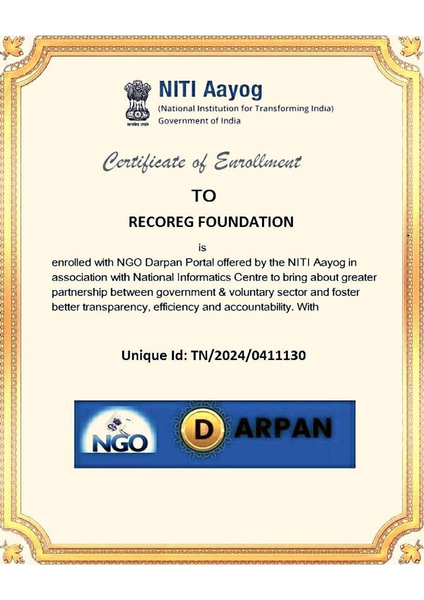 NGO Darpan Certificate